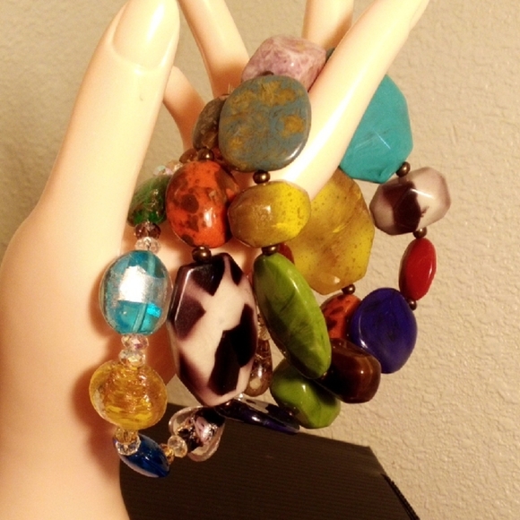 None Jewelry - Multicolor Beaded Stretch Bracelet Set - Vibrant Mixed Stone Look